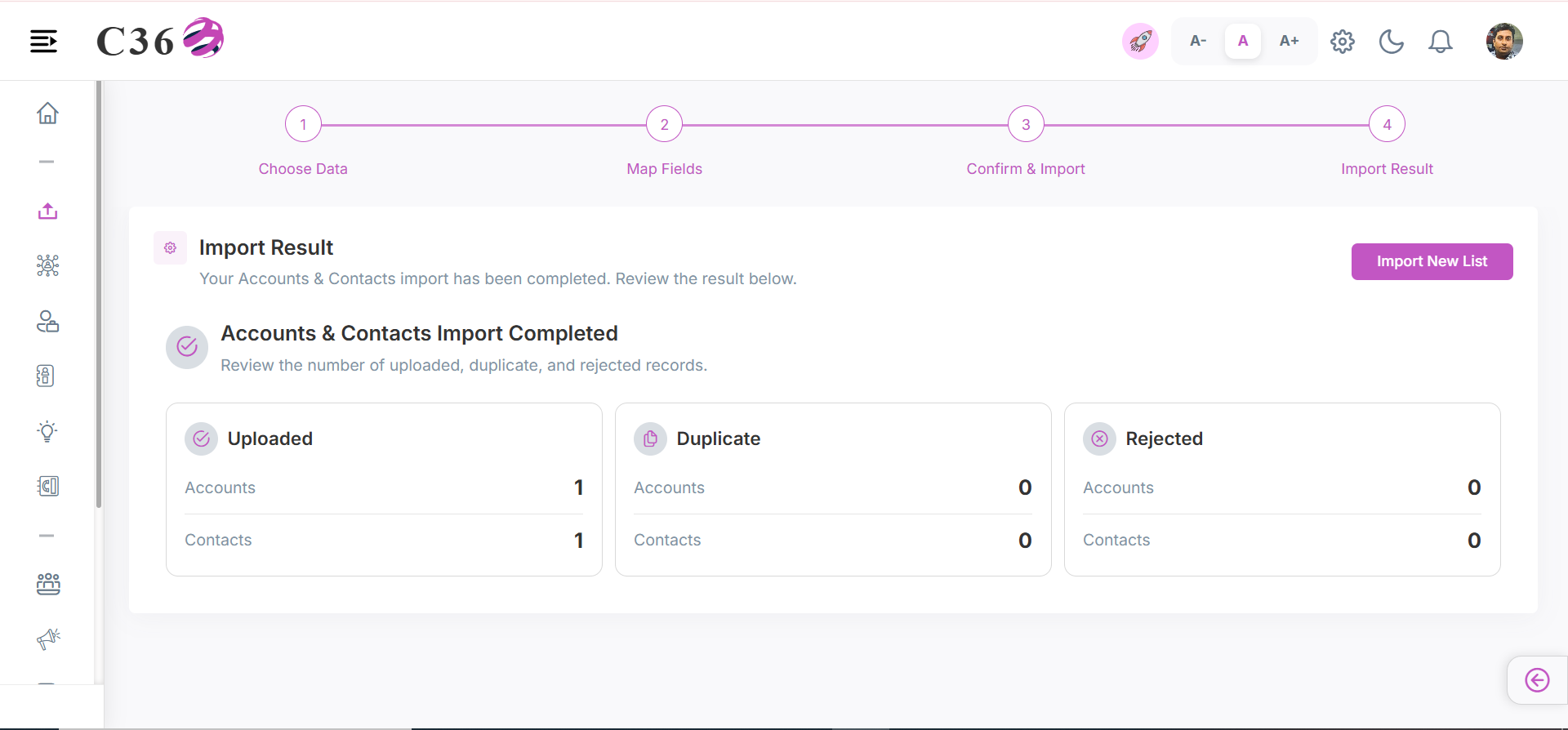 account and contact import success