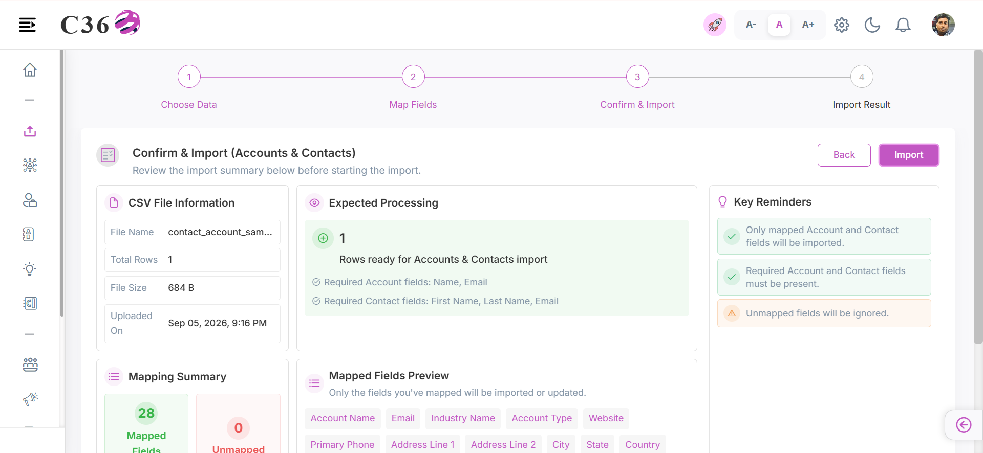 account and contact import summary
