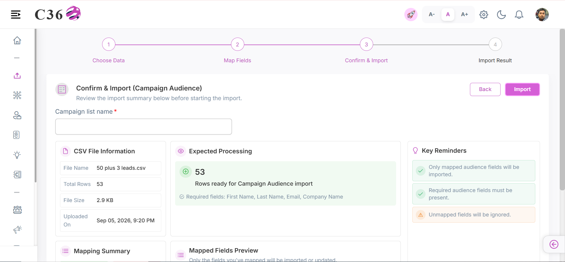 campaign audience import summary